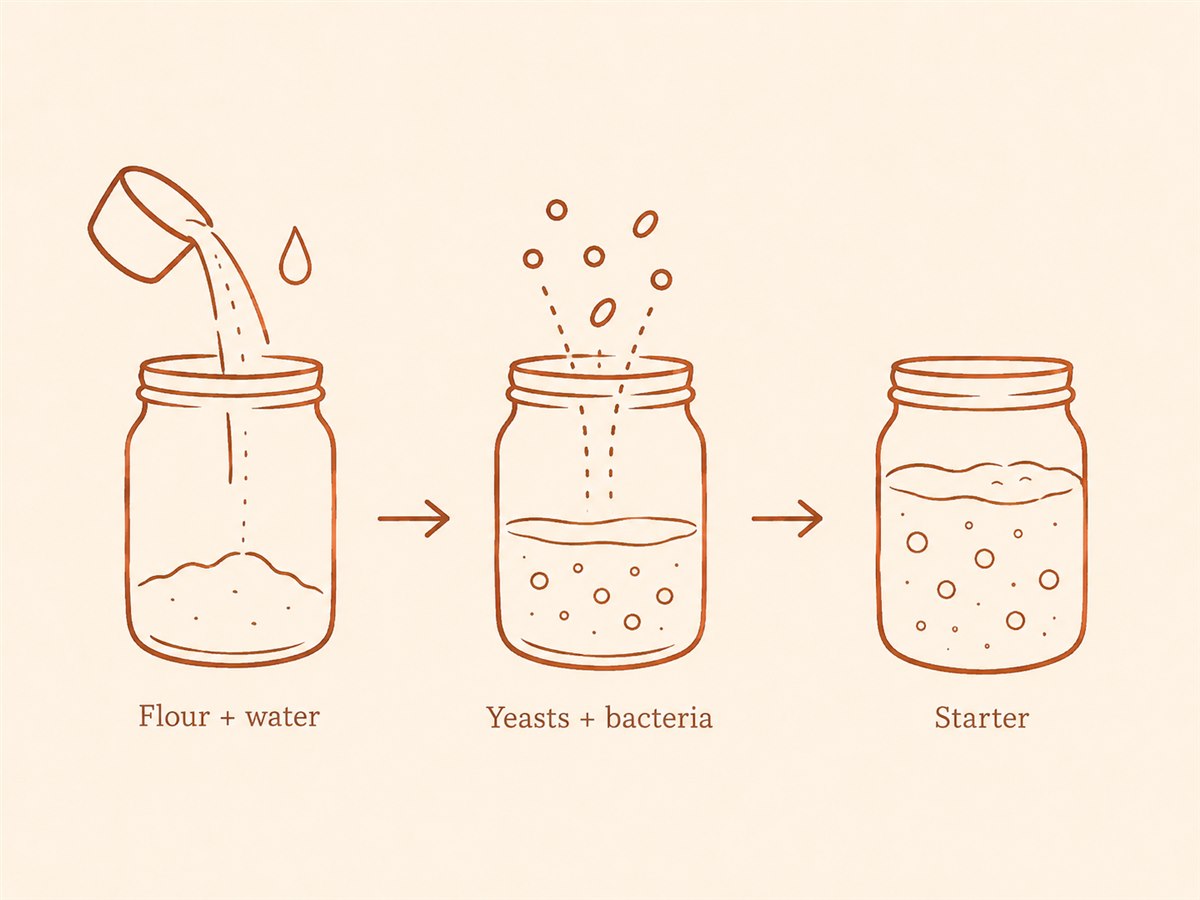 Schéma : farine et eau, levures et bactéries, levain